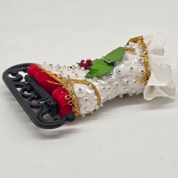 Christmas Ice Skate Boot Sleigh Ornament With Bead Sequins & Lace - Picture 5 of 6